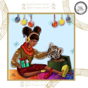 Weihnachtskarte,Tiger Weihnachten,Mädchen,Grußkarte,Geburtstagskarte,braune Mädchen,