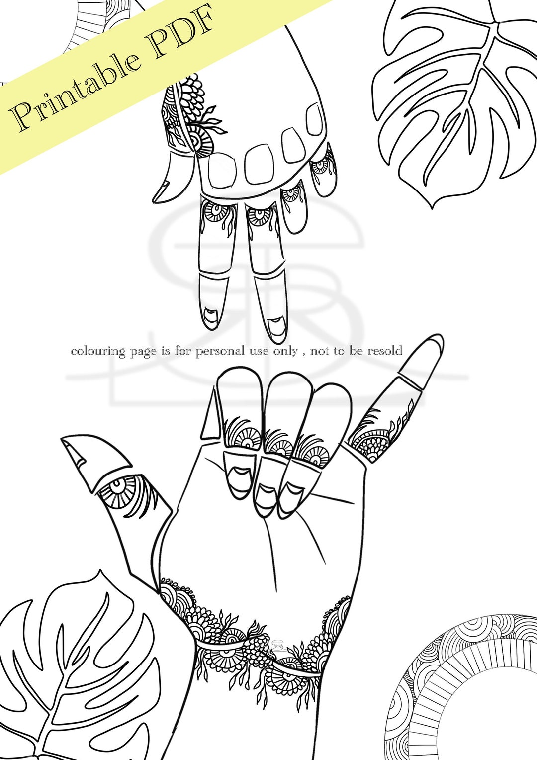 Colouring Sheet, Hand Gestures, Digital File Colouring Page, Adult ...