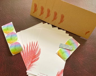 Set d'écriture pour lettres sacrées, plumes roses, papier A5 Shiro Tree gratuit avec enveloppes et étiquettes, papier à lettres, ensemble de papeterie