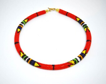 Red Beaded Necklace - African Jewelry for Women - Ethnic Necklace - Gift for Her - Colorful Necklace