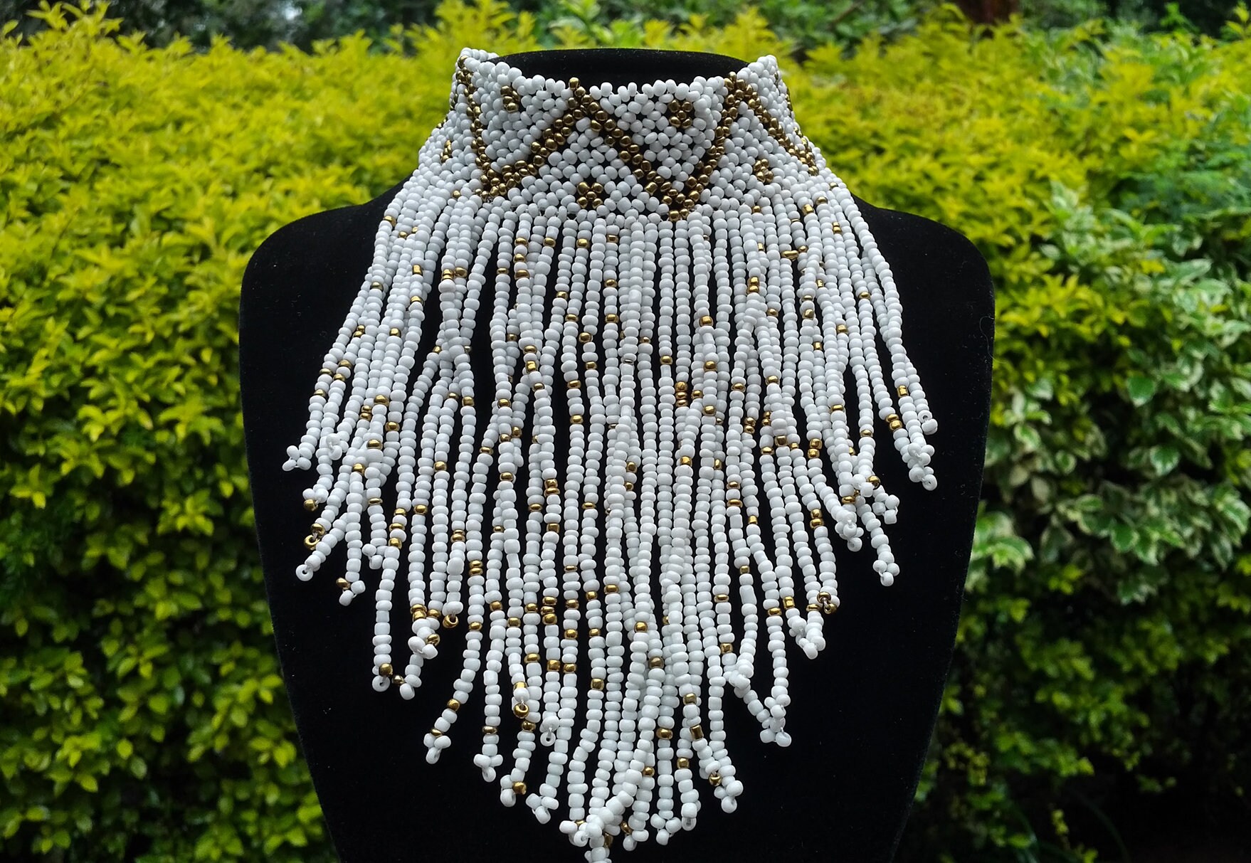 African beaded waterfall necklace (white)