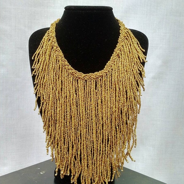 Elegant African Gold Bead Necklace - Gift for Her - Fringe Necklace for Women - Tribal Jewelry - African Jewelry