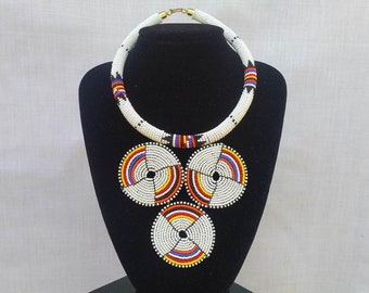 African Jewelry for Women - White Beaded Necklace - Gift for Women - Colorful Necklace - Zulu Choker - Beaded Necklace