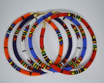 Assorted African Jewelry - Set of Beaded Necklaces - Blue, Orange, Red, White, Black Zulu Necklaces - Discounted Set of Five Necklaces