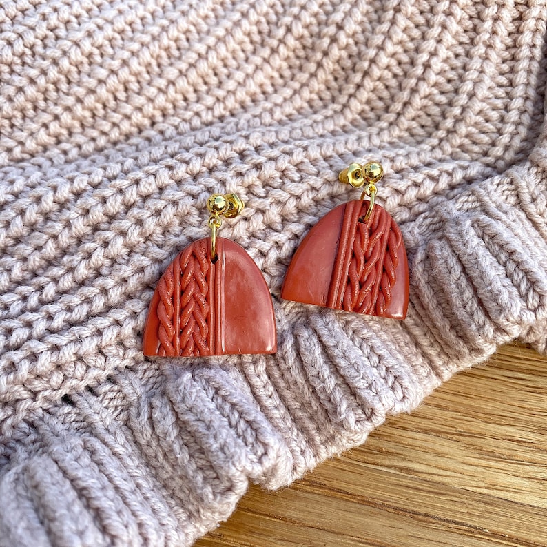 Terracotta Knitted clay statement arch drop earring