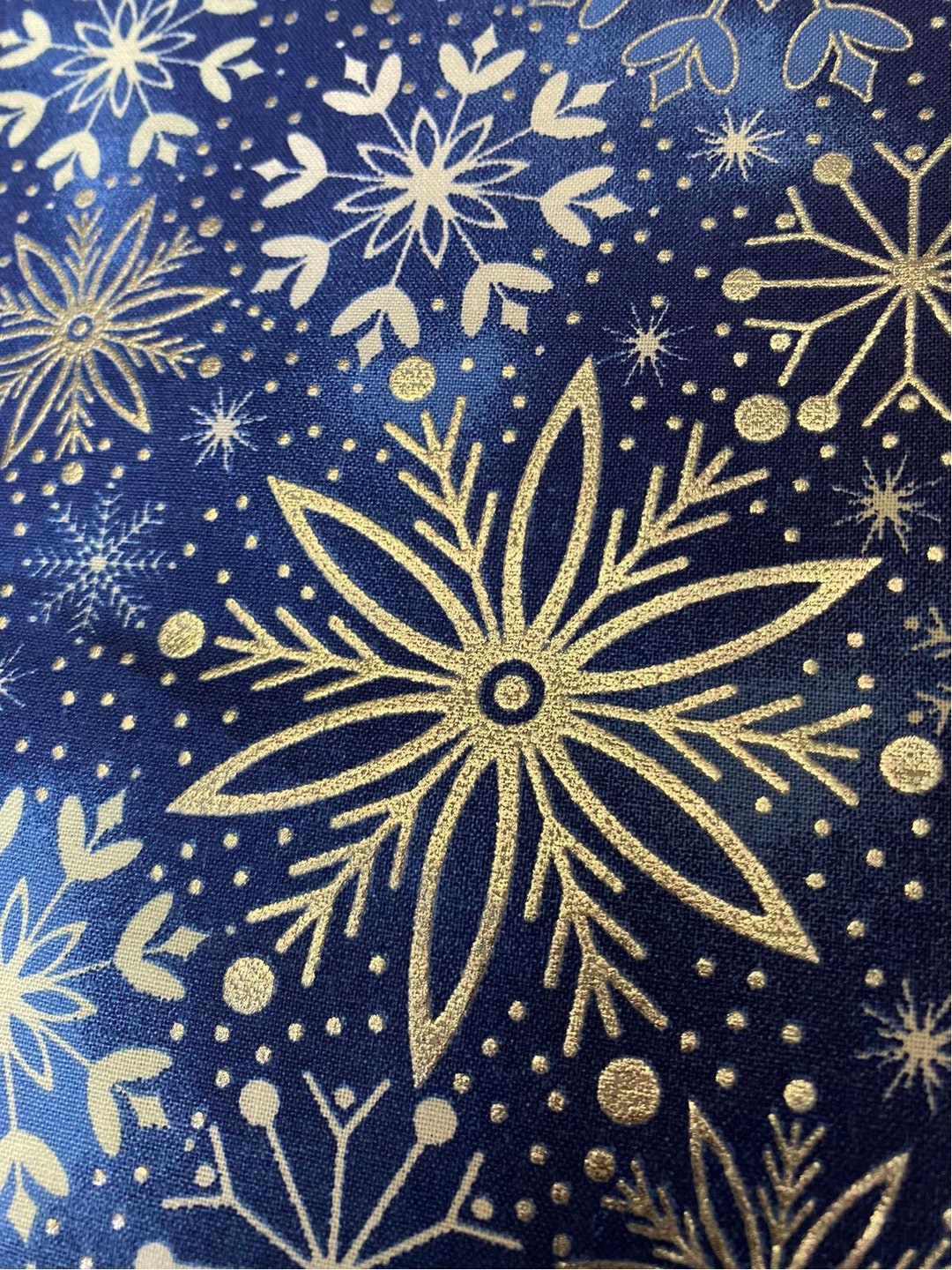 Winterholiday Handmade Table Runner. Foil Snowflakes on Blue Christmas