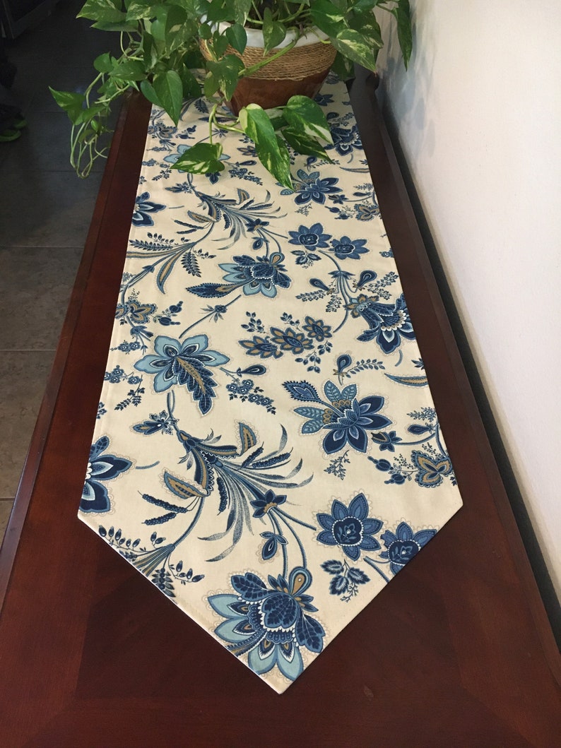 Blue and Ivory/beige Table Runner. Floral Pattern Handmade Etsy