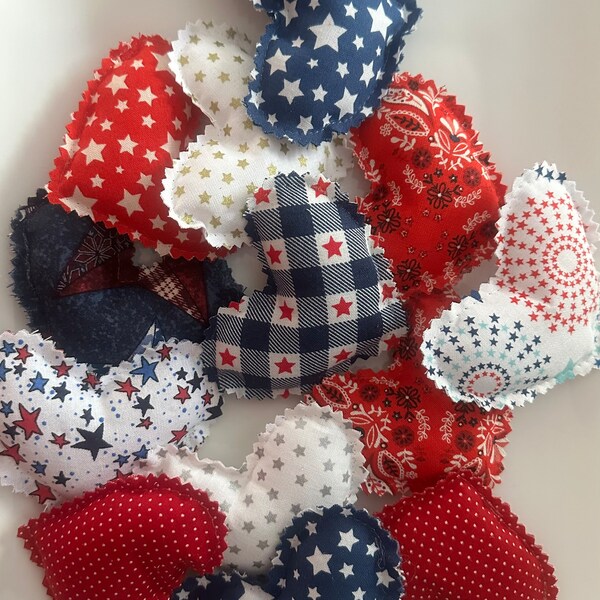 Patriotic heart bowl filler, Set of 5 Blue, red, white Farmhouse Fabric Filled Hearts. 4th of July Decor. Memorial Day. Gift