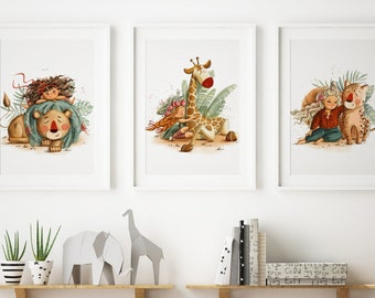 Leopard+Lion+Giraff, Set of 3 illustrations, Safari nursery decor, Jungle Nursery, wall art