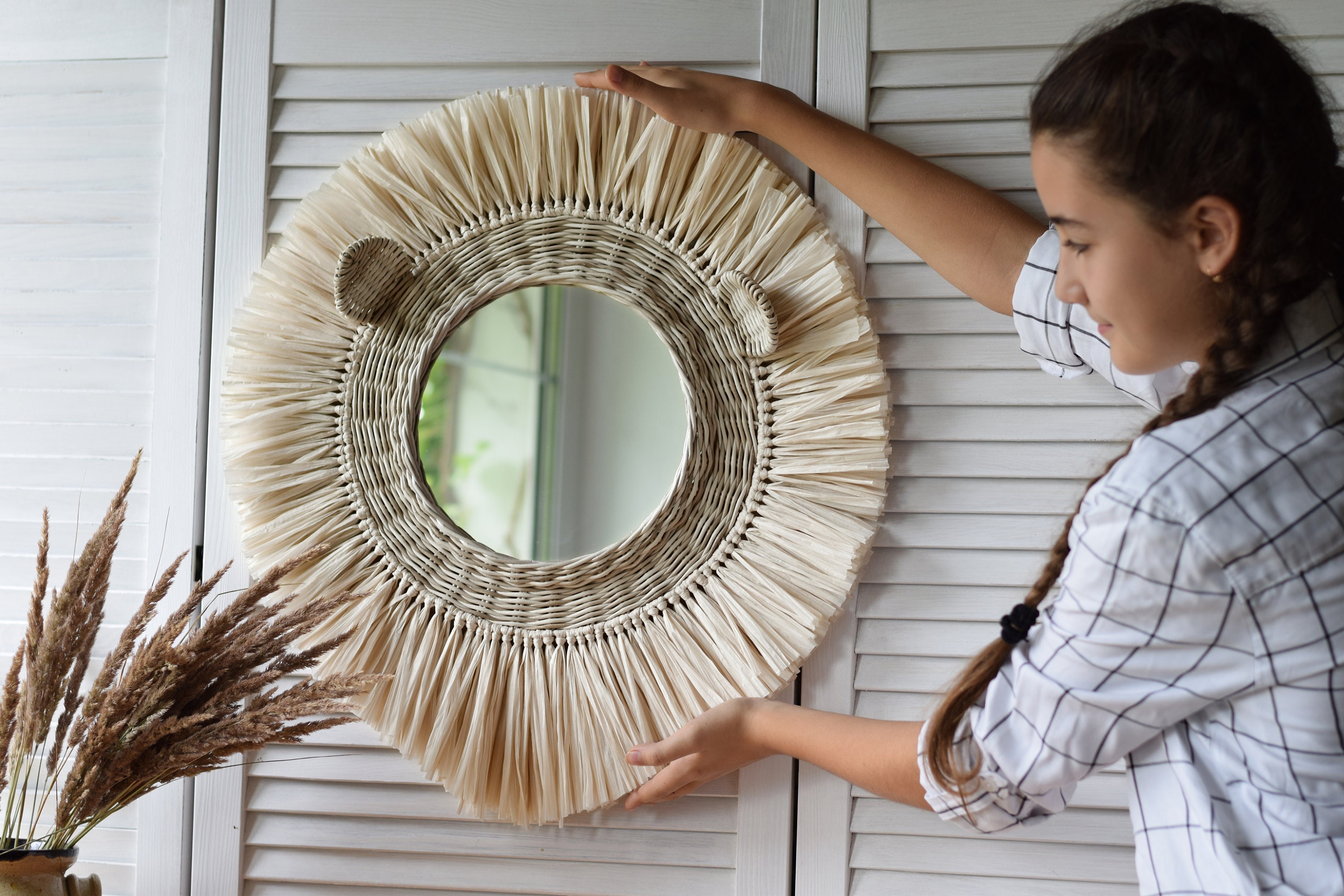 Wicker ivory Lion face mirror nursery animal wall hanging Etsy