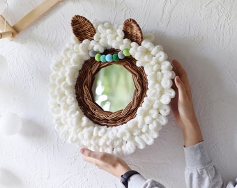 LLAMA rattan nursery mirror wall hanging, Alpaca nursery, LLAMA head nursery decor, Farm Animal Nursery Decor, Nursery animal head