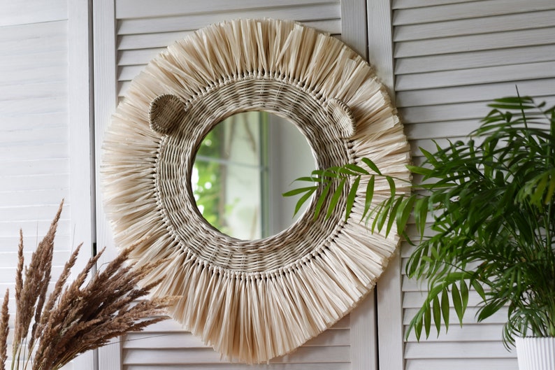 Wicker Ivory Lion Face Mirror Nursery Animal Wall Hanging Etsy