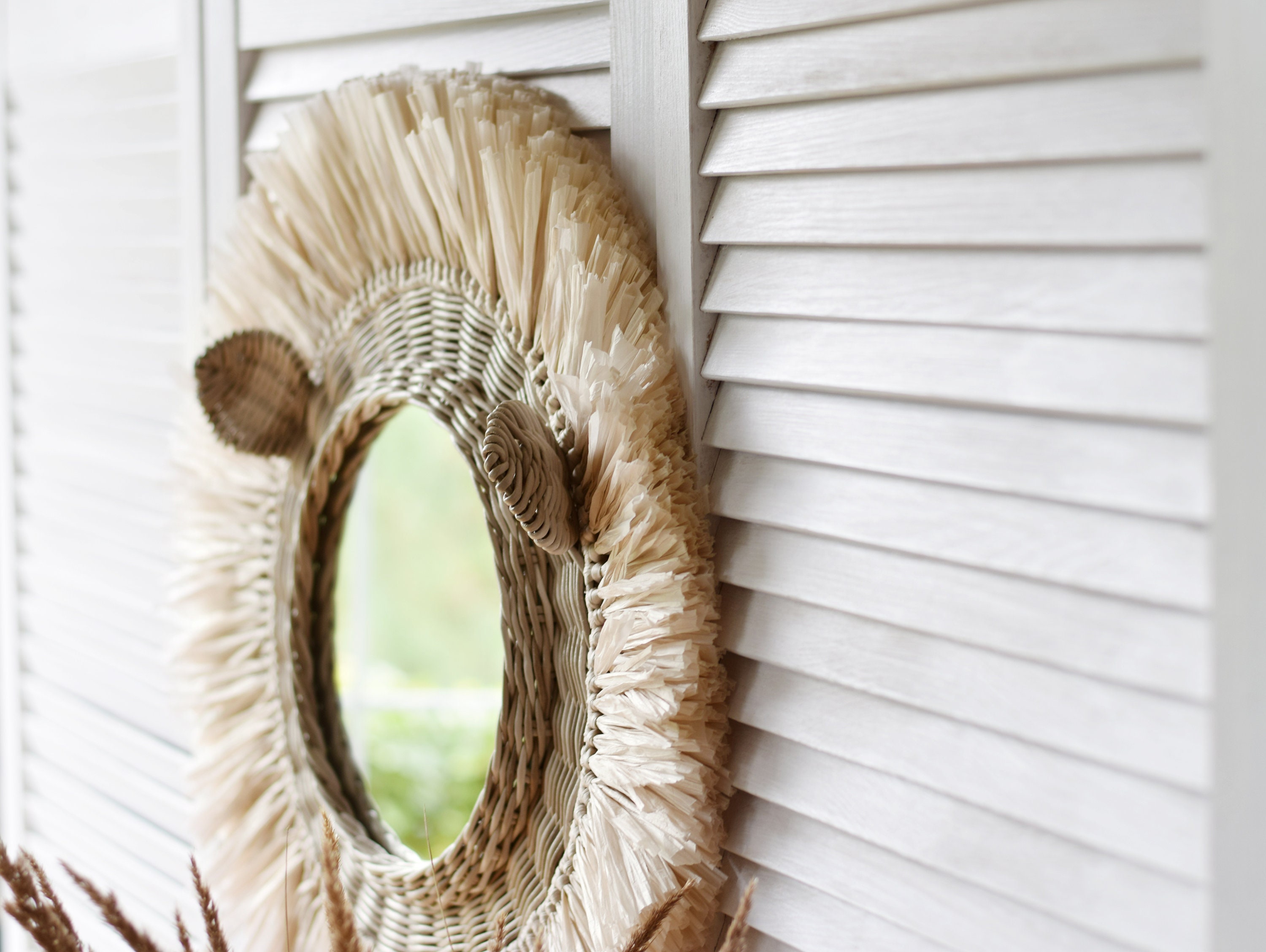 Wicker ivory Lion face mirror nursery animal wall hanging Etsy
