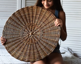 Boho wall basket Set of 2 -  Round wicker Wall Decor - Brown hanging wall round basket - Boho Decor set of 2 wall Wicker Plate