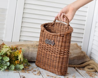 Rustic STORM DOOR basket Wicker hanging wall basket Super slim brown basket for front door Basket for flowers Cottage wall decor