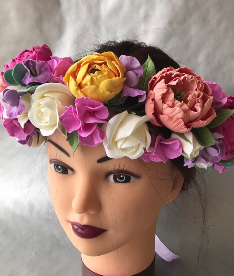 Custom rainbow floral crown with coral peony white roses and Etsy
