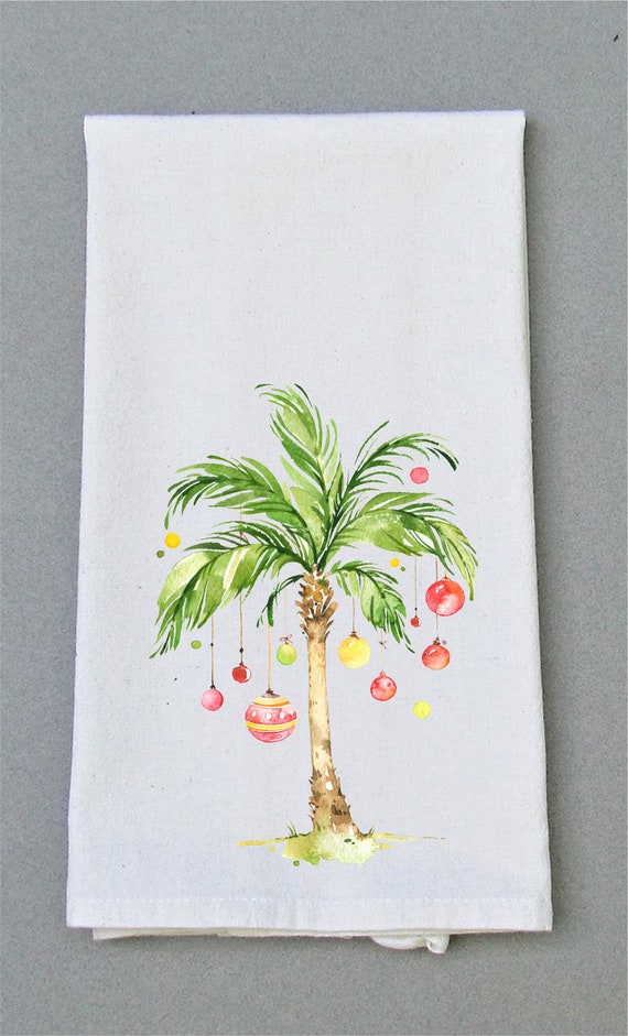 Watercolor Christmas Palm Tree Kitchen Tea Towel Christmas Etsy