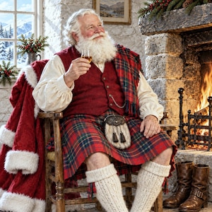 May include: A person with a white beard wearing a red wool vest, a cream-colored long-sleeve shirt, and a red, green, and blue plaid kilt with a fur sporran. The person wears cream-colored knit socks and holds a small glass of amber liquid.
