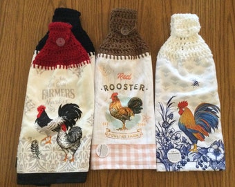 Rooster hanging towel, chicken hanging towel, country kitchen towel, farmhouse towel, hanging towel