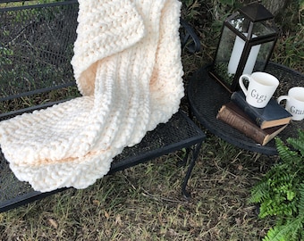 Cream chunky crocheted throw. Off white chunky blanket, vintage white knit blanket,