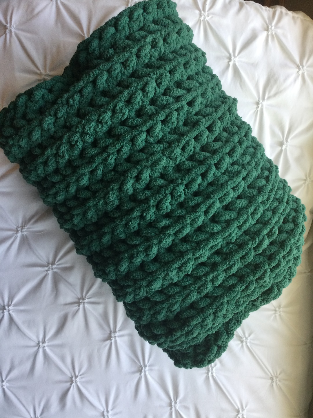 Green Crocheted Throw, Dark Green Blanket, Green Knit Blanket, Green