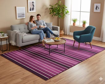 Hand Woven Turkish Kilim Rug: Purple Stripe, Bohemian Style