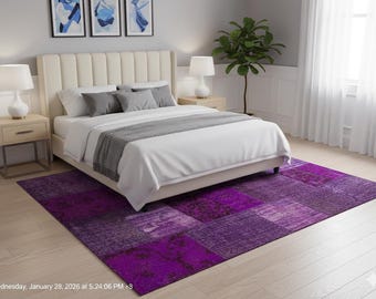 Handmade Purple Patchwork Rug: Bohemian Wool Area Rug (5'x8' ft)