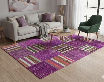 Handmade Purple Patchwork Rug: Bohemian Wool Area Rug (5'x8' ft)