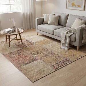Handmade Wool Turkish Patchwork Rug: Vintage Bohemian Area Rug (4x6)
