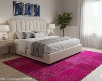 Handmade Pink Patchwork Rug: Bohemian Wool Area Rug (5'x8' ft)