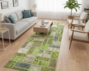 Handmade Green Patchwork Wool Runner Rug - 3.1x9.7 ft