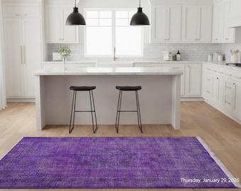 Vintage Purple Wool Rug: Handmade Eclectic Turkish Carpet (4'9''x8'2'')