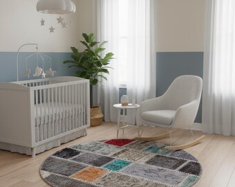 Handmade Wool Patchwork Rug: 3.6x3.6 ft Bohemian Circle Rug