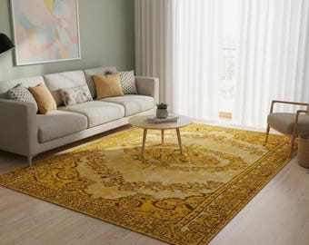 Vintage Yellow Anatolian Wool Rug: 5.8x10 ft, Bohemian Persian Design