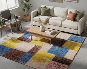 Handmade Wool Patchwork Rug: 7.5x7.5 ft Square Anatolian Rug