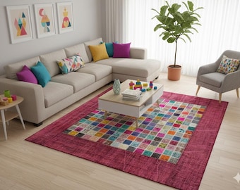 Handmade Patchwork Turkish Rug: Bohemian Wool Area Rug (5'x8' ft)