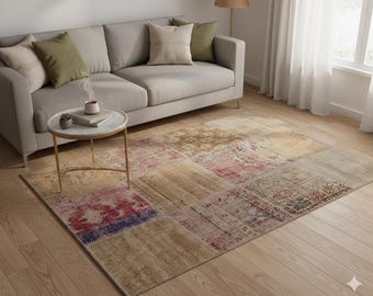 4x6 Handmade Wool Turkish Patchwork Rug: Vintage Bohemian Area Rug