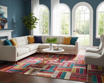 Handmade Patchwork Wool Turkish Rug - 6'x10' Bohemian Area Rug