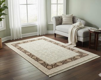 Vintage Turkish Wool Rug: 5.57 ft x 7.87 ft, Handmade Beige Carpet