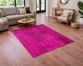 Handmade Pink Patchwork Rug: Bohemian Wool Area Rug (5'x8' ft)
