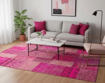 Handmade Pink Patchwork Rug: Bohemian Wool Area Rug (6.6x9.8 ft)