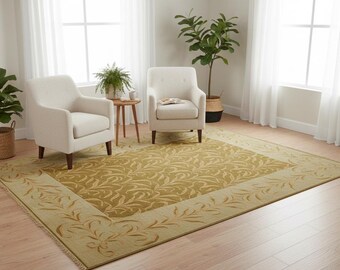Vintage Green Turkish Rug: Handmade Wool Carpet (6.62 ft x 8.50 ft)