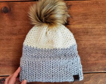 Two-Toned Chunky Knit Double Brim Adult Toque// Faux Pom Pom // Handmade Hand knit Beanie // Made in Canada // PENNY DOUBLE BRIM Toque