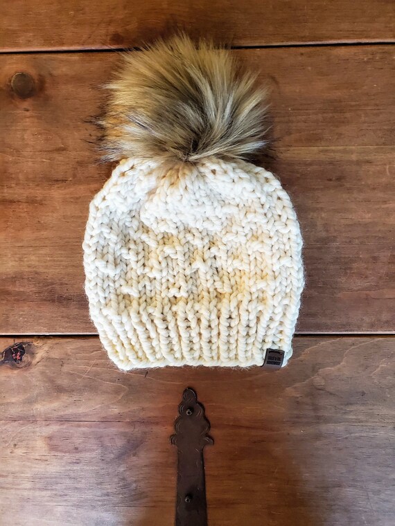 Handmade Chunky Knit Beanie with Faux Fur Pom | Mustard, Cream & Charcoal | NWT Cable Knit Faux Fur Pom Beanie — Three Bird Nest main image 4