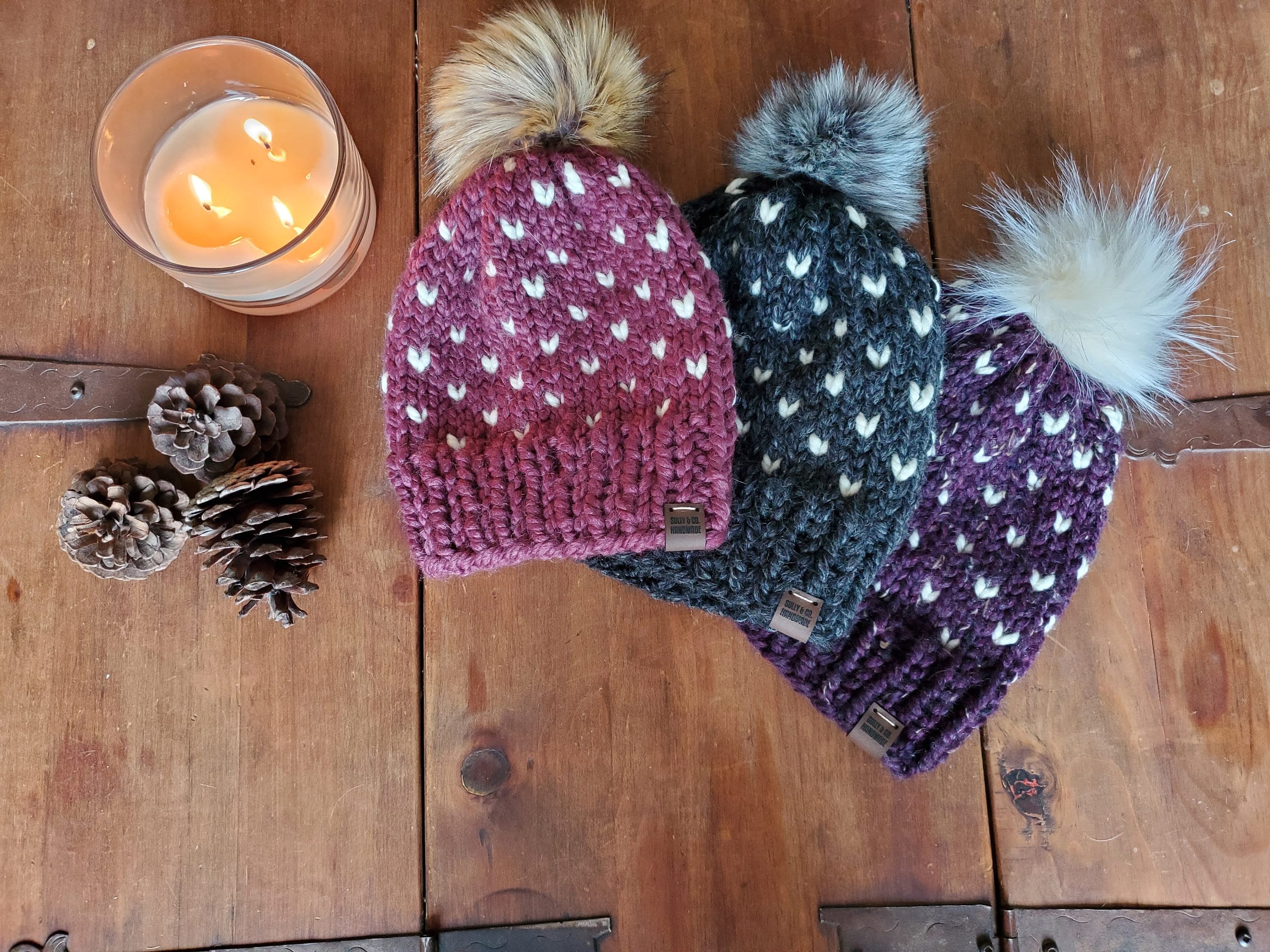 Hand Knit Sheep Fair Isle Beanie Teal Taupe Wool Pom Pom 