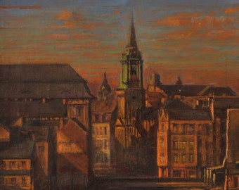 Vilarejo no Reno II (1922) - óleo sobre tela de Richard Goetz, 22&quot; x 26&quot;