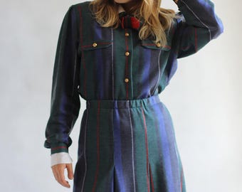 Ensemble veste et jupe rayées françaises des années 1970, signé Marcelle Griffon, taille M