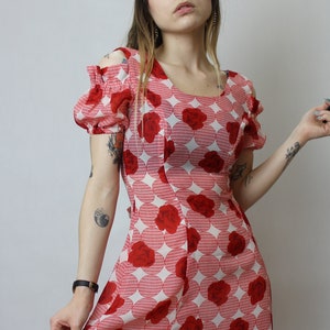 Puff sleeve dress, Red rose pattern maxi dress
