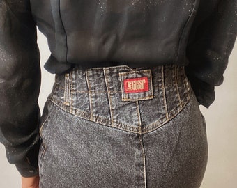 Jupe en jean anthracite LEE, taille W26, jupe tulipe années 90, jean délavé à l'acide