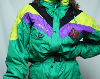 NEVICA 90s Colorblock ski suit overalls, Vintage colorful winter jumpsuit with hood